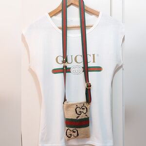 NEW Gucci Beige Knit Cellphone Case With GG Web Design+ Green/Red Striped Strap